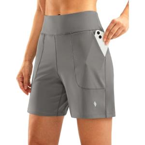 SANTINY Women’s 6” Athletic Long Shorts with 4 Pockets High Waisted Bermuda Shorts for Women Walking Running Casual(Light Grey)