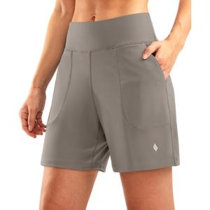 SANTINY Women’s 6” Athletic Long Shorts with 4 Pockets High Waisted Bermuda Shorts for Women Walking Running Casual(Light Khaki)