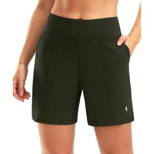 SANTINY Women’s 6” Athletic Long Shorts with 4 Pockets High Waisted Bermuda Shorts for Women Walking Running Casual(Olive)