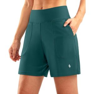 SANTINY Women’s 6” Athletic Long Shorts with 4 Pockets High Waisted Bermuda Shorts for Women Walking Running Casual(Peacock Green)