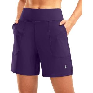 SANTINY Women’s 6” Athletic Long Shorts with 4 Pockets High Waisted Bermuda Shorts for Women Walking Running Casual(Purple)