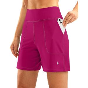 SANTINY Women’s 6” Athletic Long Shorts with 4 Pockets High Waisted Bermuda Shorts for Women Walking Running Casual(Rose)