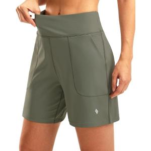 SANTINY Women’s 6” Athletic Long Shorts with 4 Pockets High Waisted Bermuda Shorts for Women Walking Running Casual(Sage Green)