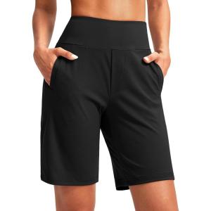 SANTINY Women’s 9″ High Waisted Bermuda Shorts with 4 Pockets Knee Length Long Shorts for Women Workout Athletic Casual(Black)