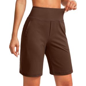 SANTINY Women’s 9″ High Waisted Bermuda Shorts with 4 Pockets Knee Length Long Shorts for Women Workout Athletic Casual(Fudge Coffee)