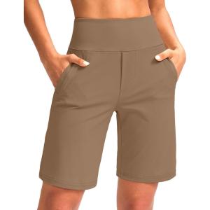 SANTINY Women’s 9″ High Waisted Bermuda Shorts with 4 Pockets Knee Length Long Shorts for Women Workout Athletic Casual(Light Coffee)