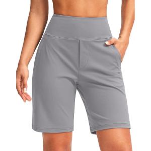 SANTINY Women’s 9″ High Waisted Bermuda Shorts with 4 Pockets Knee Length Long Shorts for Women Workout Athletic Casual(Light Grey)