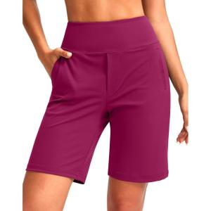 SANTINY Women’s 9″ High Waisted Bermuda Shorts with 4 Pockets Knee Length Long Shorts for Women Workout Athletic Casual(Rose)