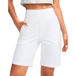 SANTINY Women’s 9″ High Waisted Bermuda Shorts with 4 Pockets Knee Length Long Shorts for Women Workout Athletic Casual(White)