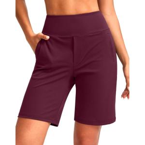 SANTINY Women’s 9″ High Waisted Bermuda Shorts with 4 Pockets Knee Length Long Shorts for Women Workout Athletic Casual(Wine)
