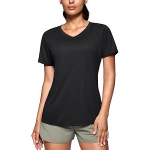 SANTINY Women’s V Neck Short Sleeve Shirts Uv Protectioin Moisture Wicking Hiking Workout Athletic T Shirts for Women(Black)