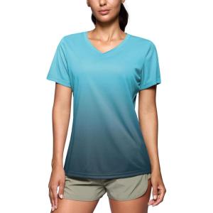 SANTINY Women’s V Neck Short Sleeve Shirts Uv Protectioin Moisture Wicking Hiking Workout Athletic T Shirts for Women(Gradient Green Grey)
