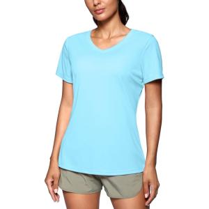 SANTINY Women’s V Neck Short Sleeve Shirts Uv Protectioin Moisture Wicking Hiking Workout Athletic T Shirts for Women(Light Blue)