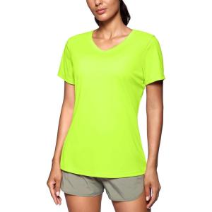 SANTINY Women’s V Neck Short Sleeve Shirts Uv Protectioin Moisture Wicking Hiking Workout Athletic T Shirts for Women(Neon Yellow)