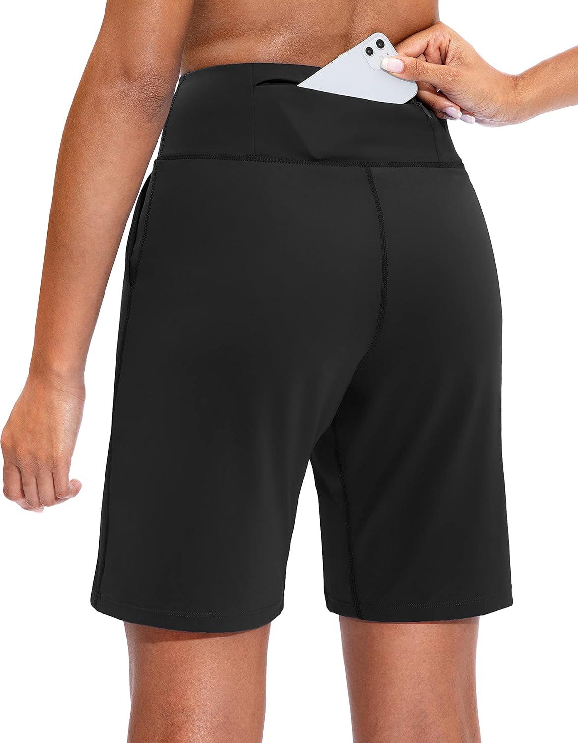 imageSANTINY Bermuda Shorts for Women with Zipper Pocket Womens High Waisted Long Shorts for Running Workout AthleticBlack