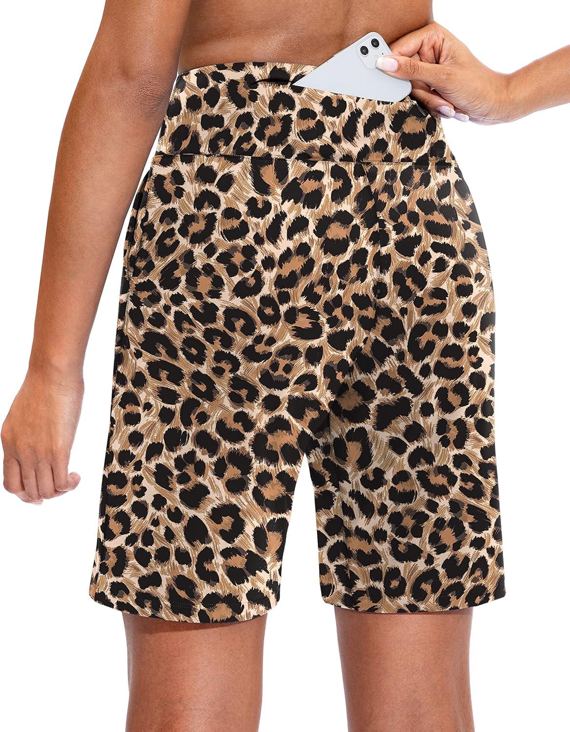 imageSANTINY Bermuda Shorts for Women with Zipper Pocket Womens High Waisted Long Shorts for Running Workout AthleticBrown Leopard