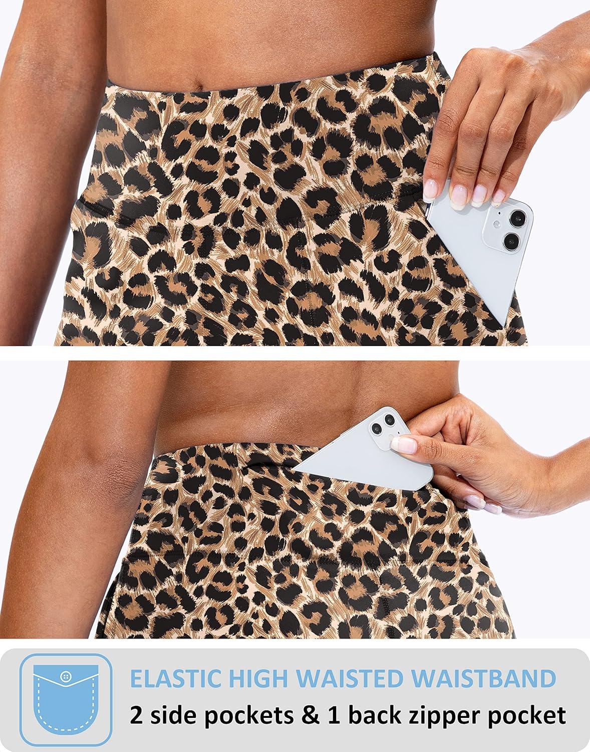 imageSANTINY Bermuda Shorts for Women with Zipper Pocket Womens High Waisted Long Shorts for Running Workout AthleticBrown Leopard