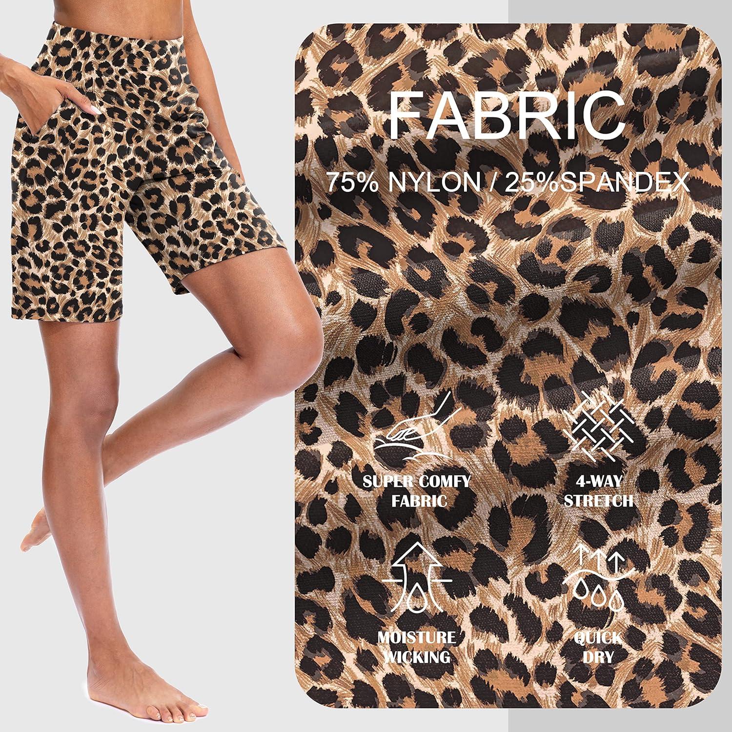 imageSANTINY Bermuda Shorts for Women with Zipper Pocket Womens High Waisted Long Shorts for Running Workout AthleticBrown Leopard