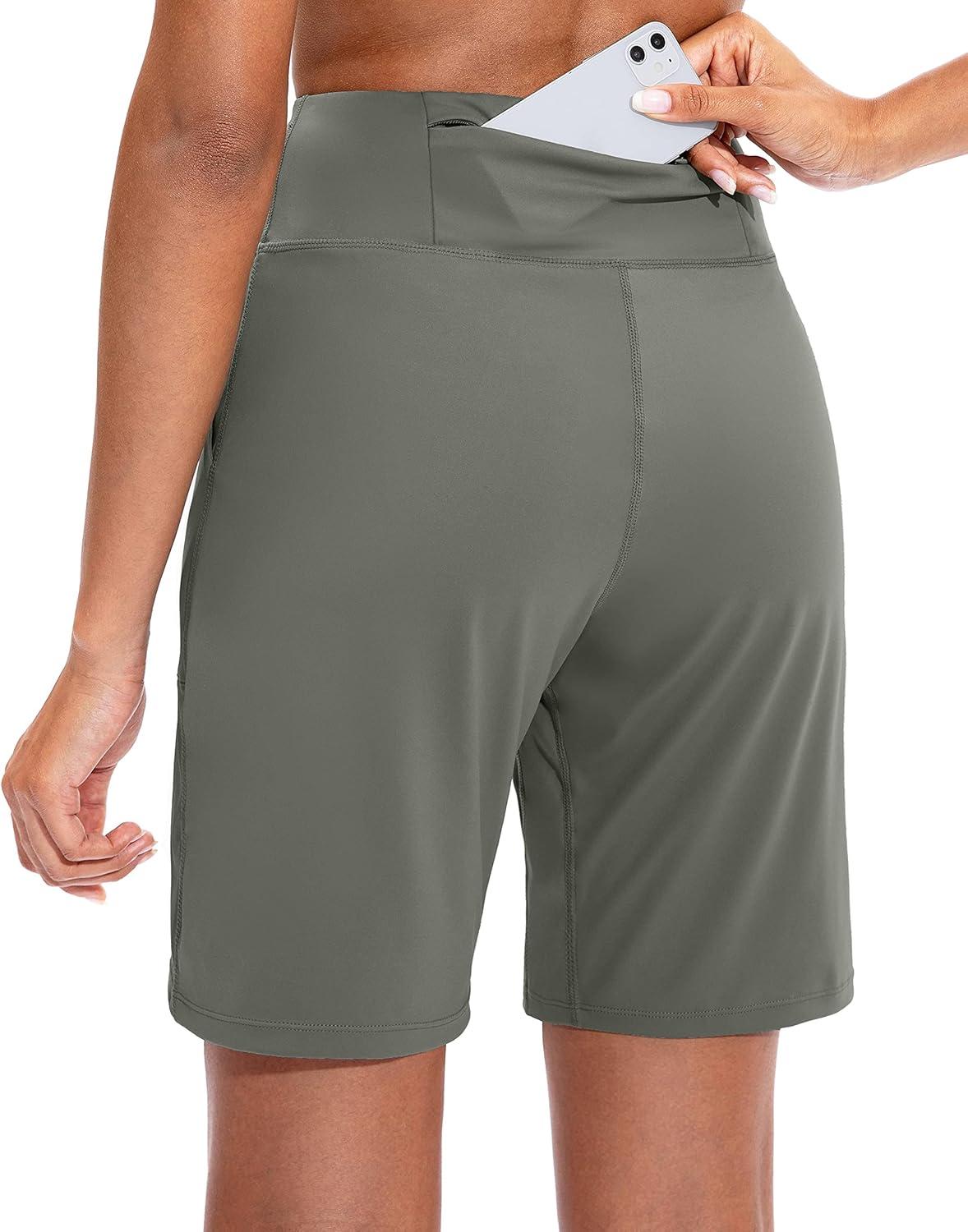 imageSANTINY Bermuda Shorts for Women with Zipper Pocket Womens High Waisted Long Shorts for Running Workout AthleticGrey Sage