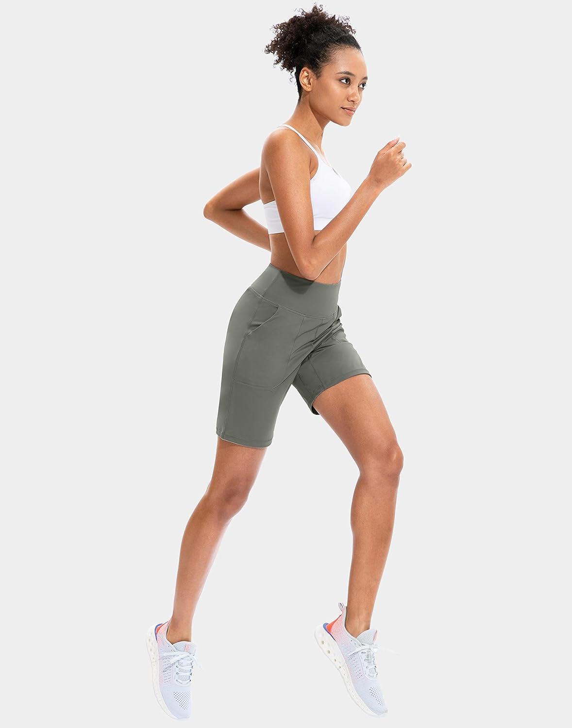 imageSANTINY Bermuda Shorts for Women with Zipper Pocket Womens High Waisted Long Shorts for Running Workout AthleticGrey Sage