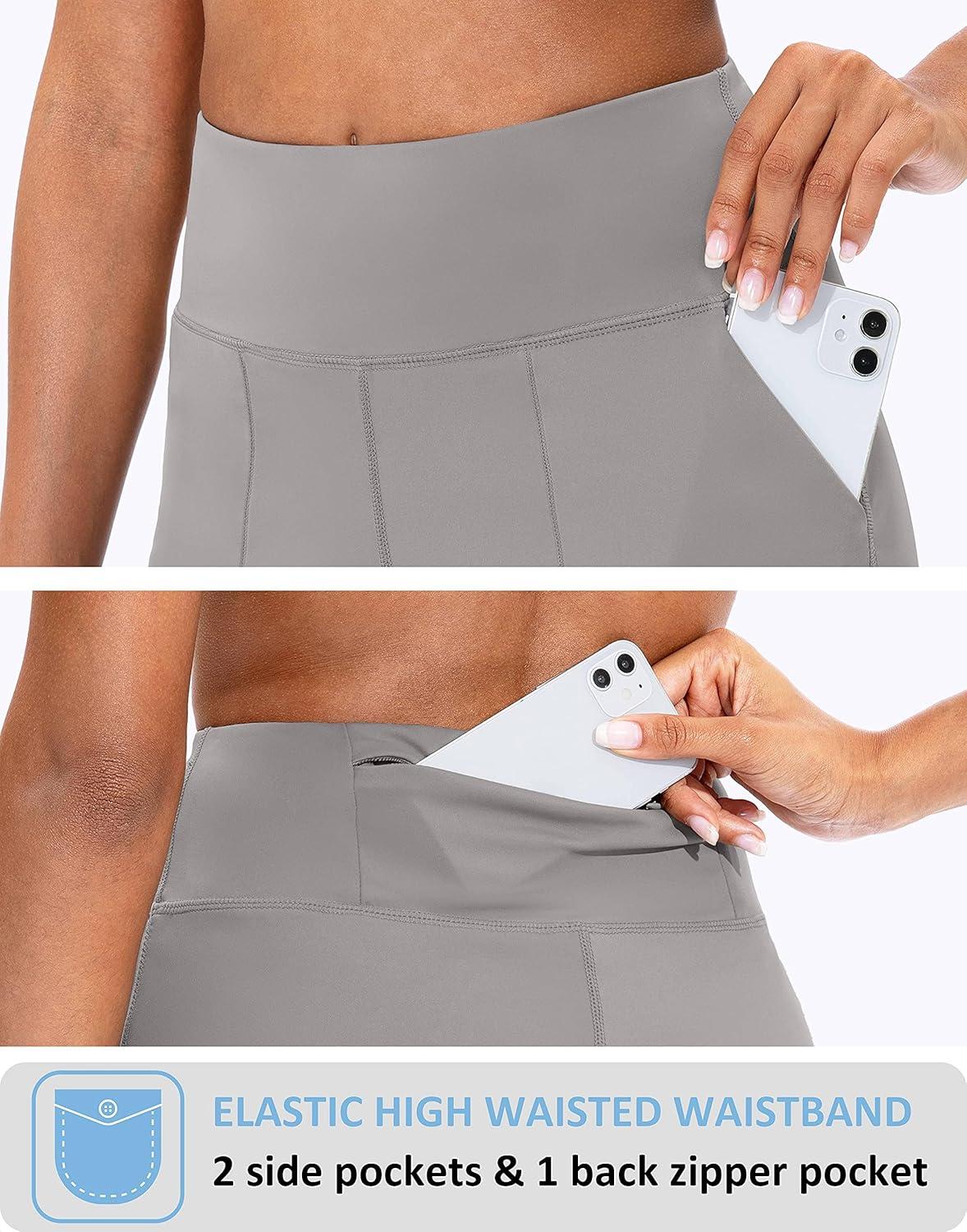 imageSANTINY Bermuda Shorts for Women with Zipper Pocket Womens High Waisted Long Shorts for Running Workout AthleticLight Grey