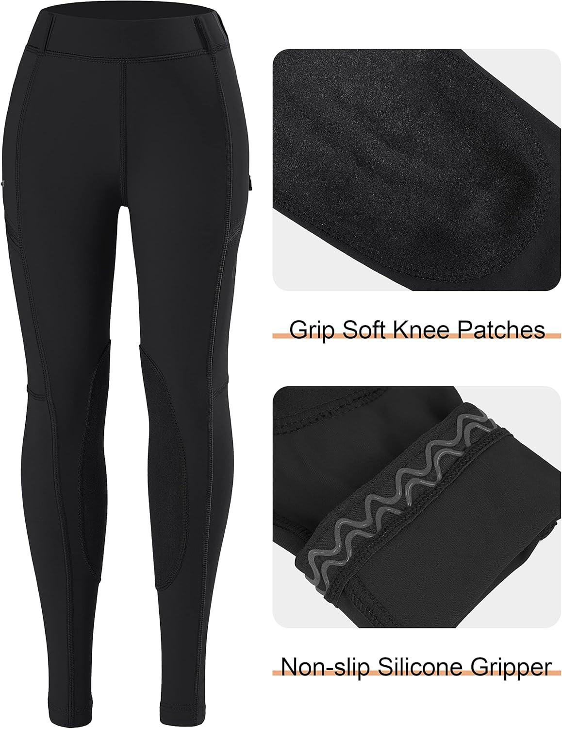 imageSANTINY Girls Horse Riding Pants with Zipper Pockets Kids Stretchy Equestrian Breeches KneePatch Youth Schooling TightsBlack