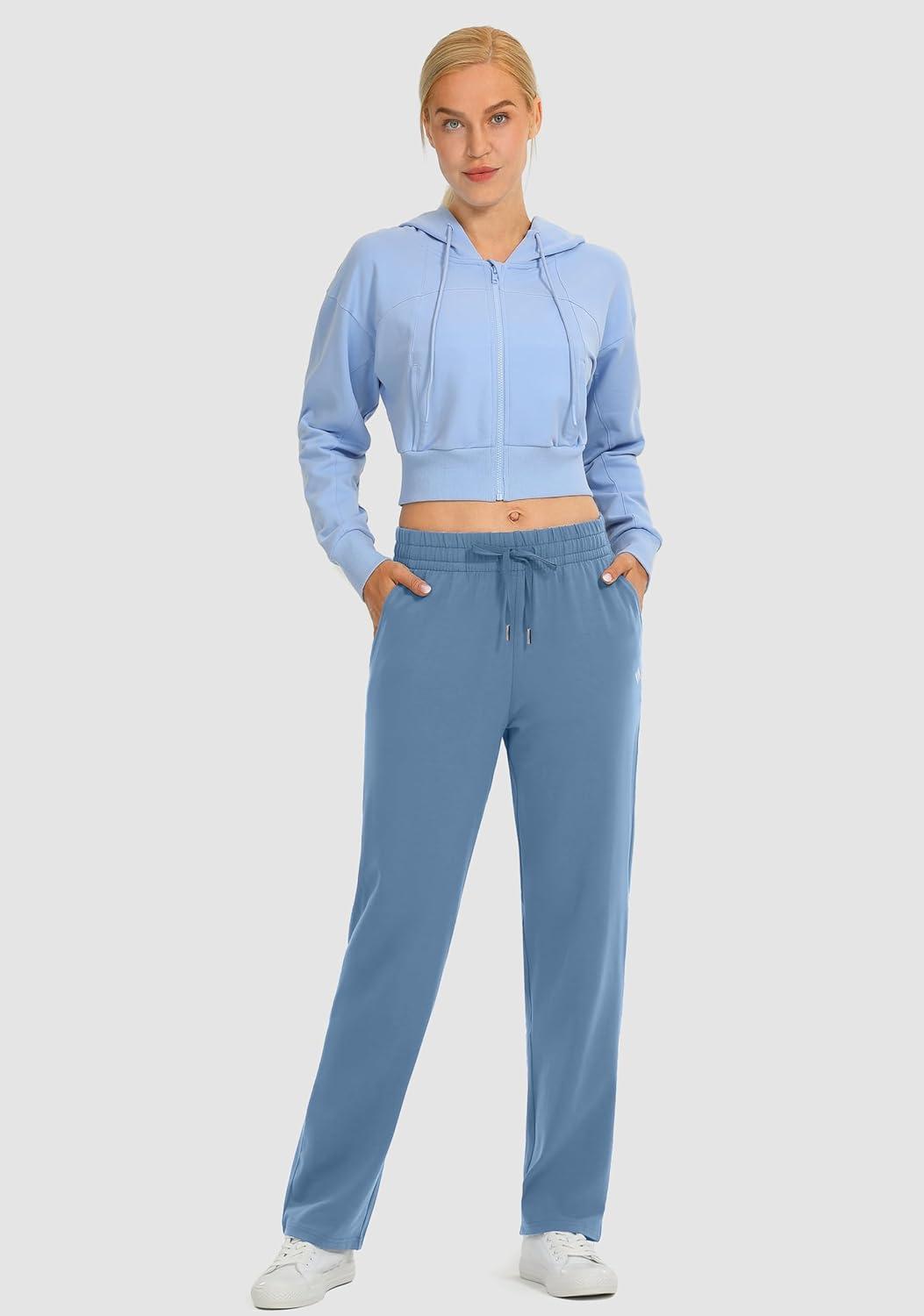 imageSANTINY Womens Cotton Sweatpants Yoga Lounge Casual Pants Open Bottom Sweat Pants for Women with PocketsHaze Blue