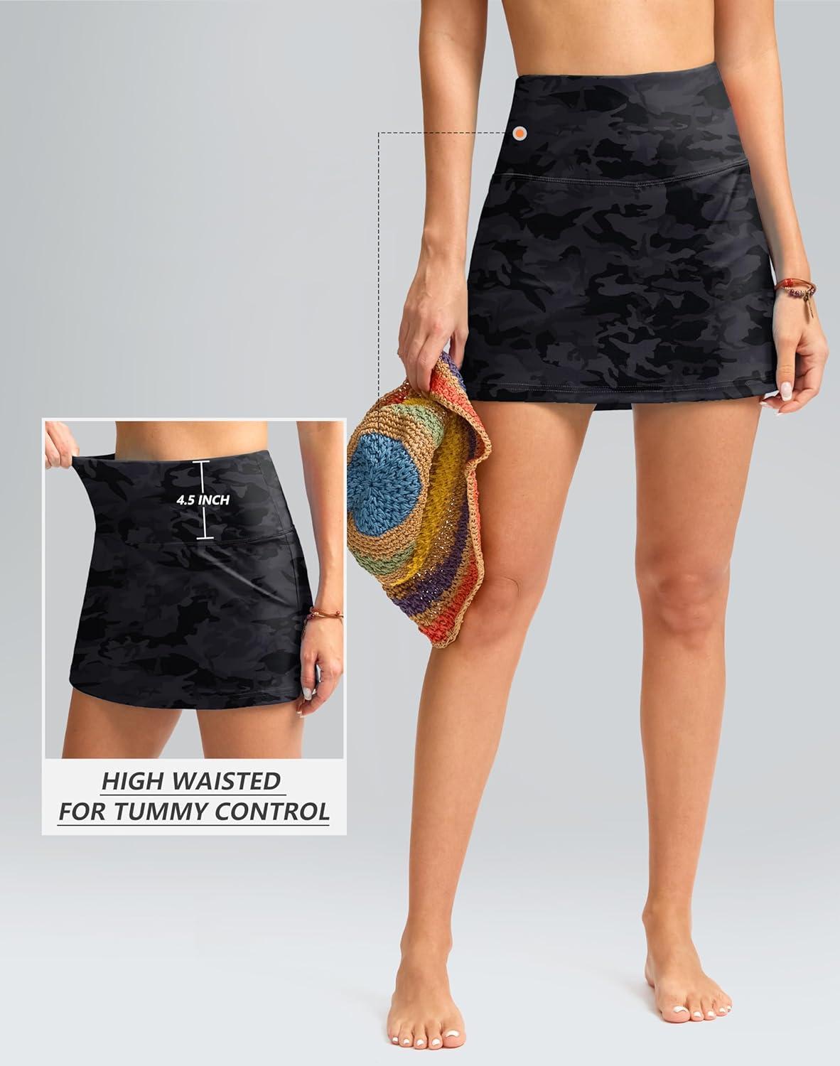 imageSANTINY Womens High Waisted Swim Skirt with Pocket Tummy Control Tankini Swimsuit Bathing Suit Bottoms for WomenGrey Camo