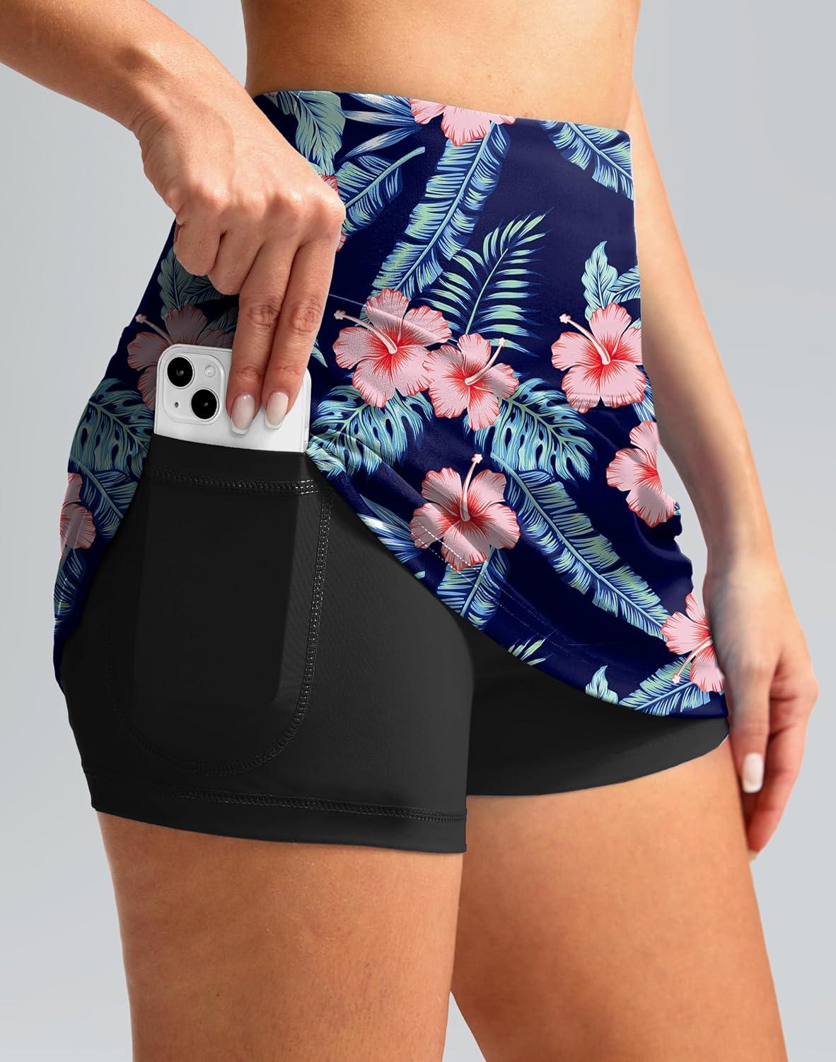 imageSANTINY Womens High Waisted Swim Skirt with Pocket Tummy Control Tankini Swimsuit Bathing Suit Bottoms for WomenNavy Flower