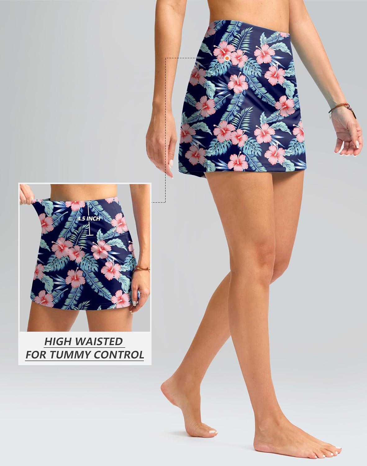 imageSANTINY Womens High Waisted Swim Skirt with Pocket Tummy Control Tankini Swimsuit Bathing Suit Bottoms for WomenNavy Flower