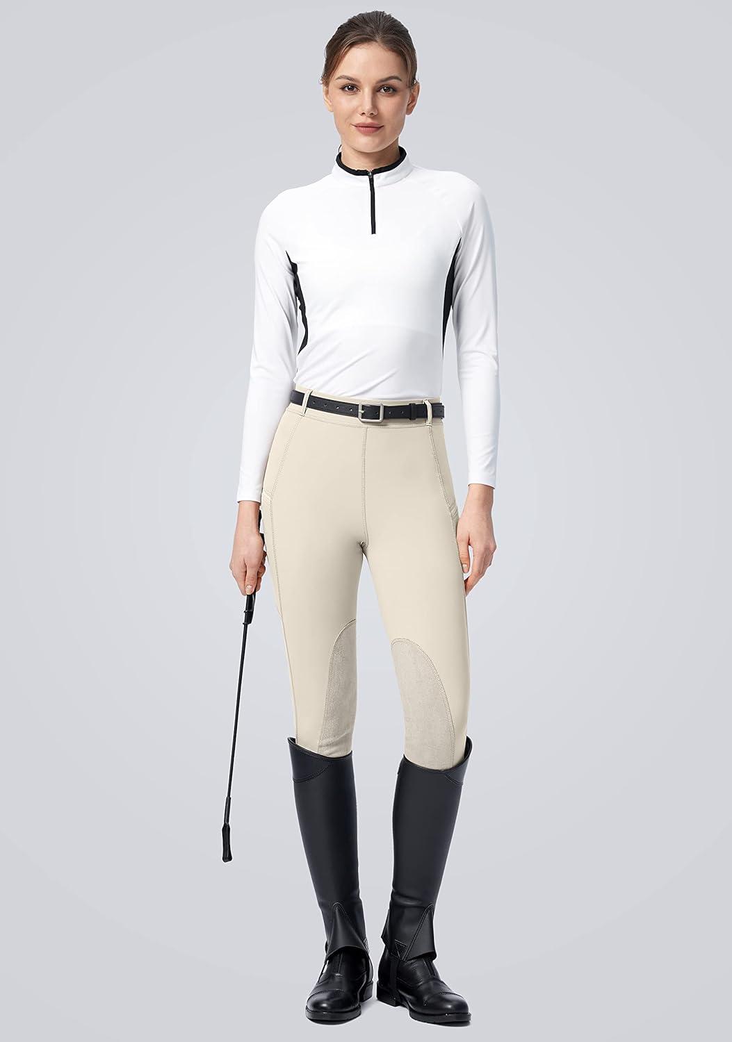 imageSANTINY Womens Horse Riding Pants with Zipper Pockets KneePatch Schooling Tights Equestrian Breeches for WomenBeige