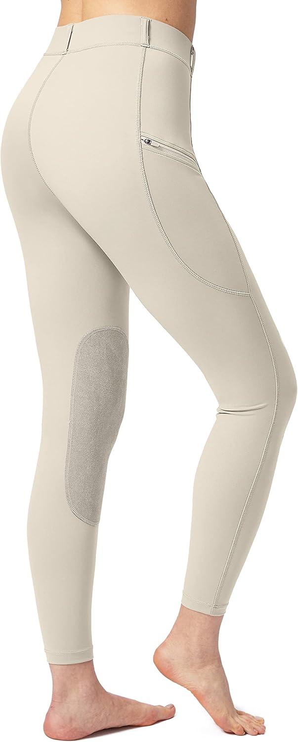imageSANTINY Womens Horse Riding Pants with Zipper Pockets KneePatch Schooling Tights Equestrian Breeches for WomenBeige