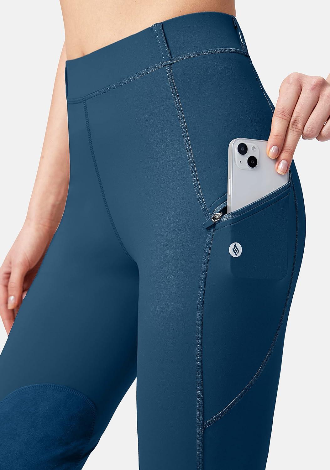 imageSANTINY Womens Horse Riding Pants with Zipper Pockets KneePatch Schooling Tights Equestrian Breeches for WomenBlue