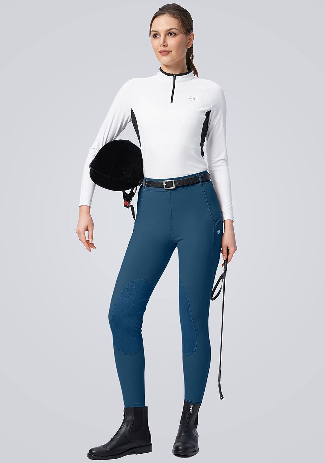 imageSANTINY Womens Horse Riding Pants with Zipper Pockets KneePatch Schooling Tights Equestrian Breeches for WomenBlue