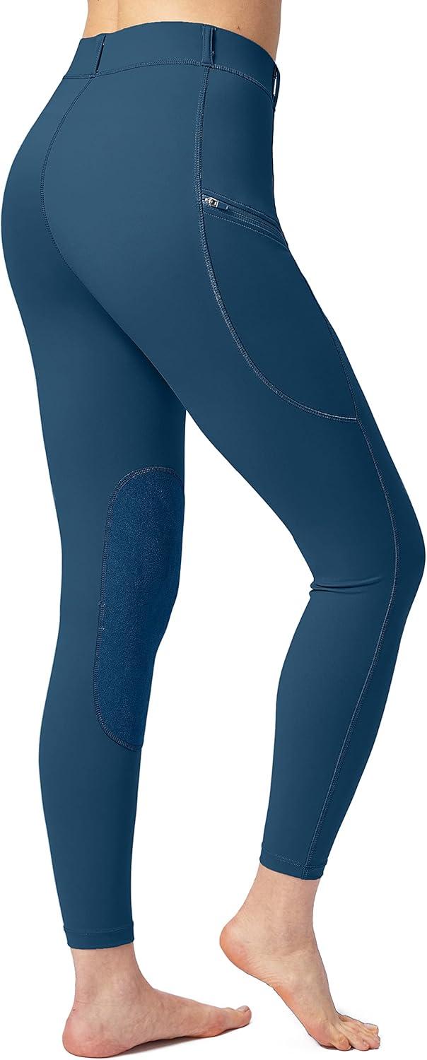 imageSANTINY Womens Horse Riding Pants with Zipper Pockets KneePatch Schooling Tights Equestrian Breeches for WomenBlue