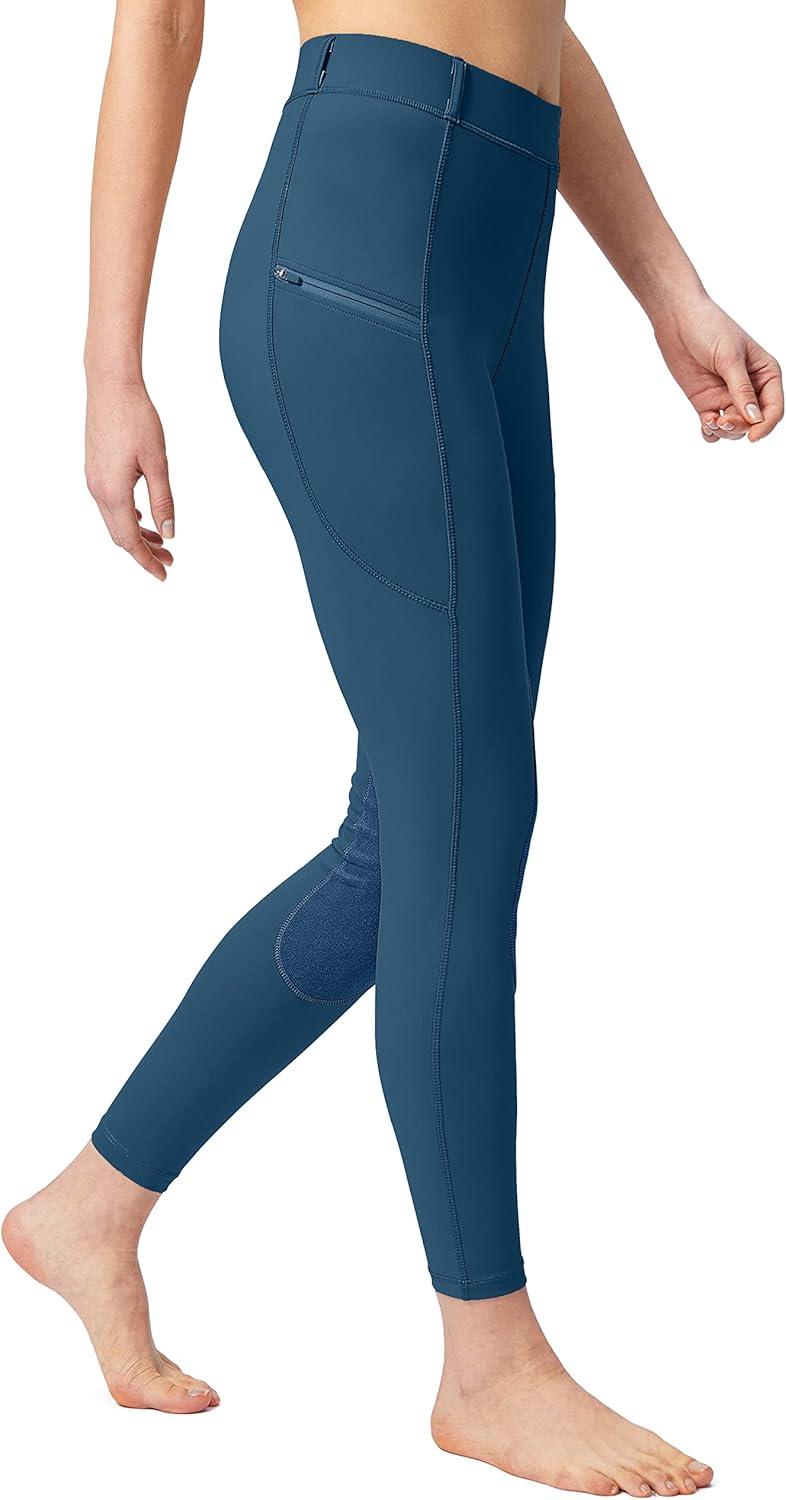 imageSANTINY Womens Horse Riding Pants with Zipper Pockets KneePatch Schooling Tights Equestrian Breeches for WomenBlue