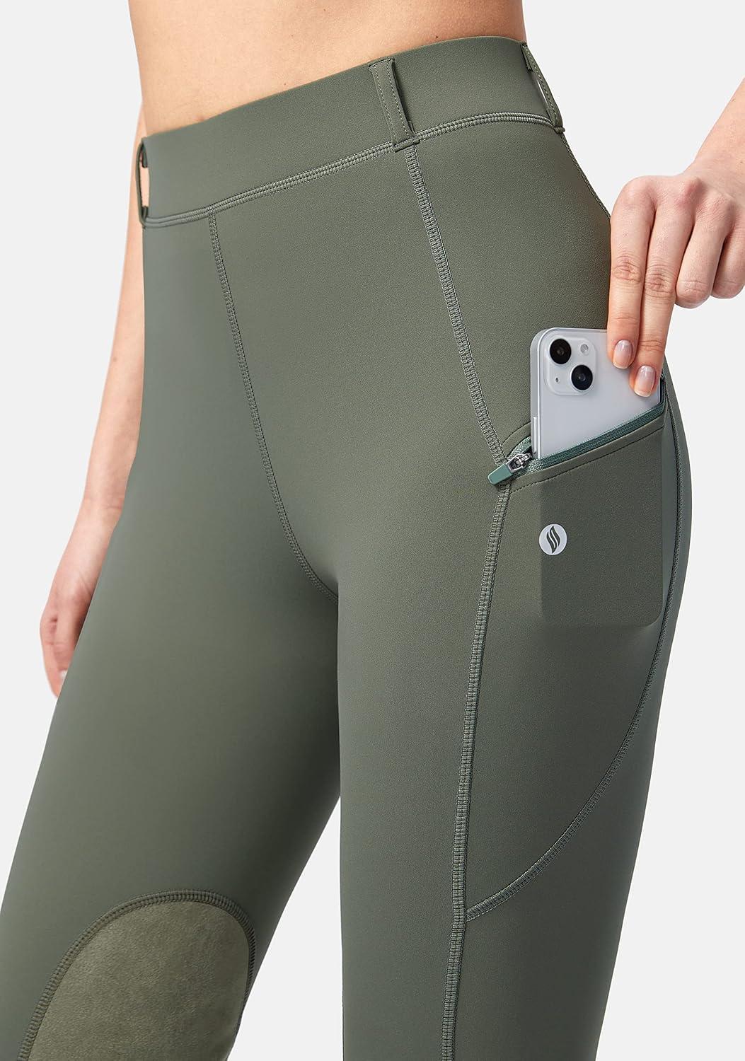 imageSANTINY Womens Horse Riding Pants with Zipper Pockets KneePatch Schooling Tights Equestrian Breeches for WomenGrey Sage