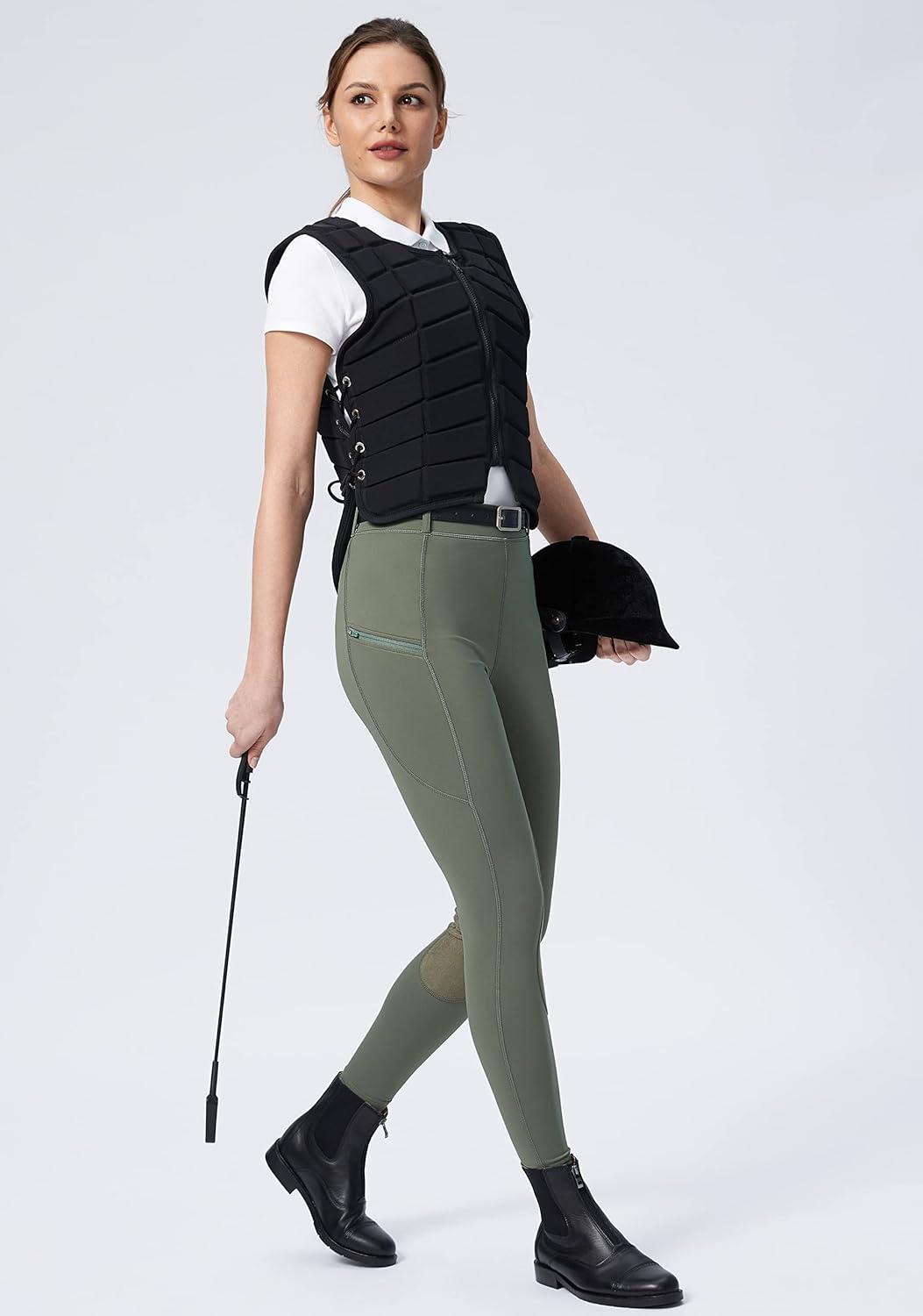 imageSANTINY Womens Horse Riding Pants with Zipper Pockets KneePatch Schooling Tights Equestrian Breeches for WomenGrey Sage