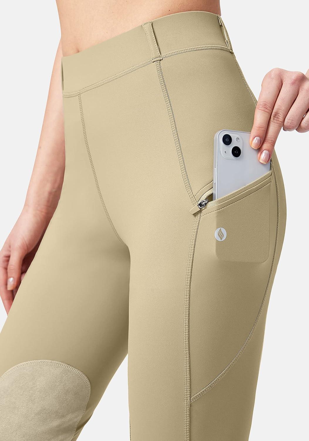 imageSANTINY Womens Horse Riding Pants with Zipper Pockets KneePatch Schooling Tights Equestrian Breeches for WomenKhaki