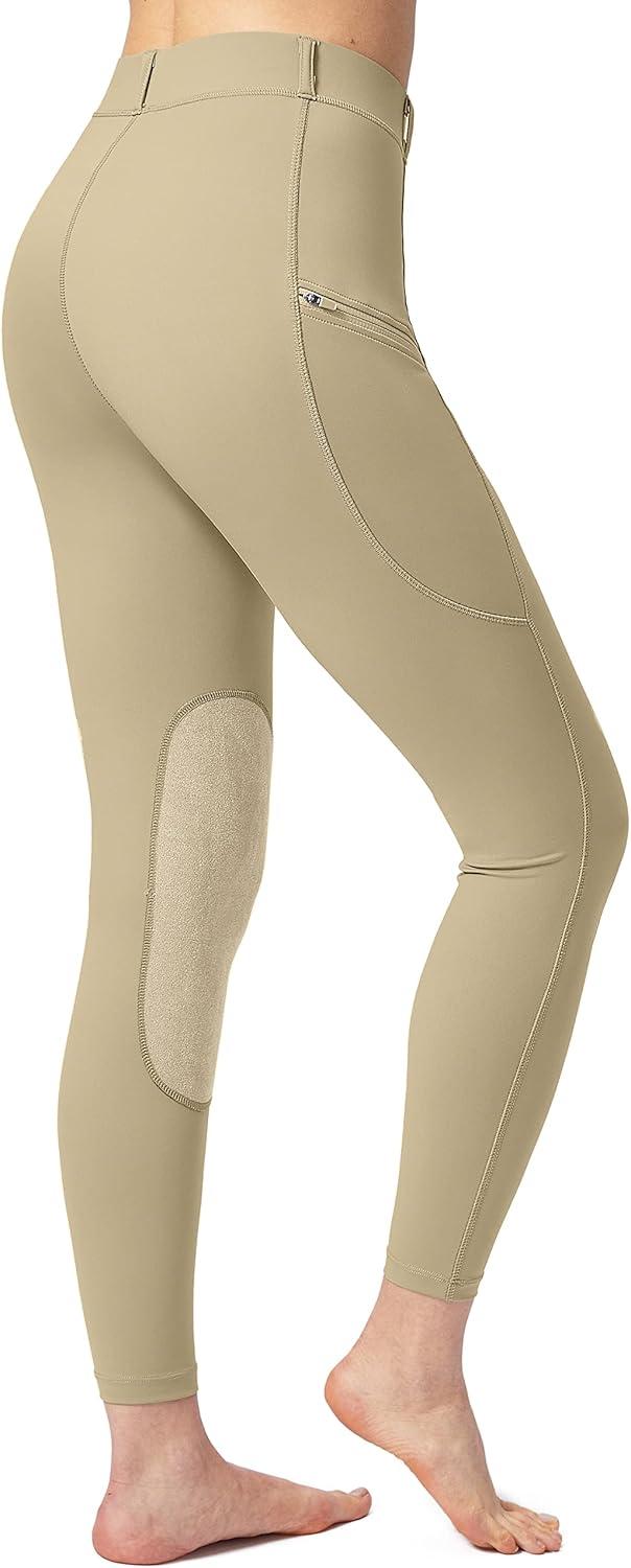 imageSANTINY Womens Horse Riding Pants with Zipper Pockets KneePatch Schooling Tights Equestrian Breeches for WomenKhaki