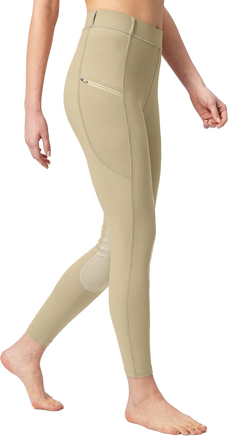 imageSANTINY Womens Horse Riding Pants with Zipper Pockets KneePatch Schooling Tights Equestrian Breeches for WomenKhaki