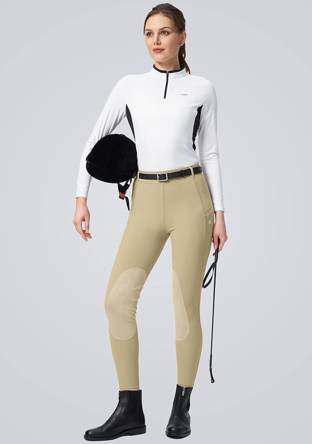 imageSANTINY Womens Horse Riding Pants with Zipper Pockets KneePatch Schooling Tights Equestrian Breeches for WomenKhaki