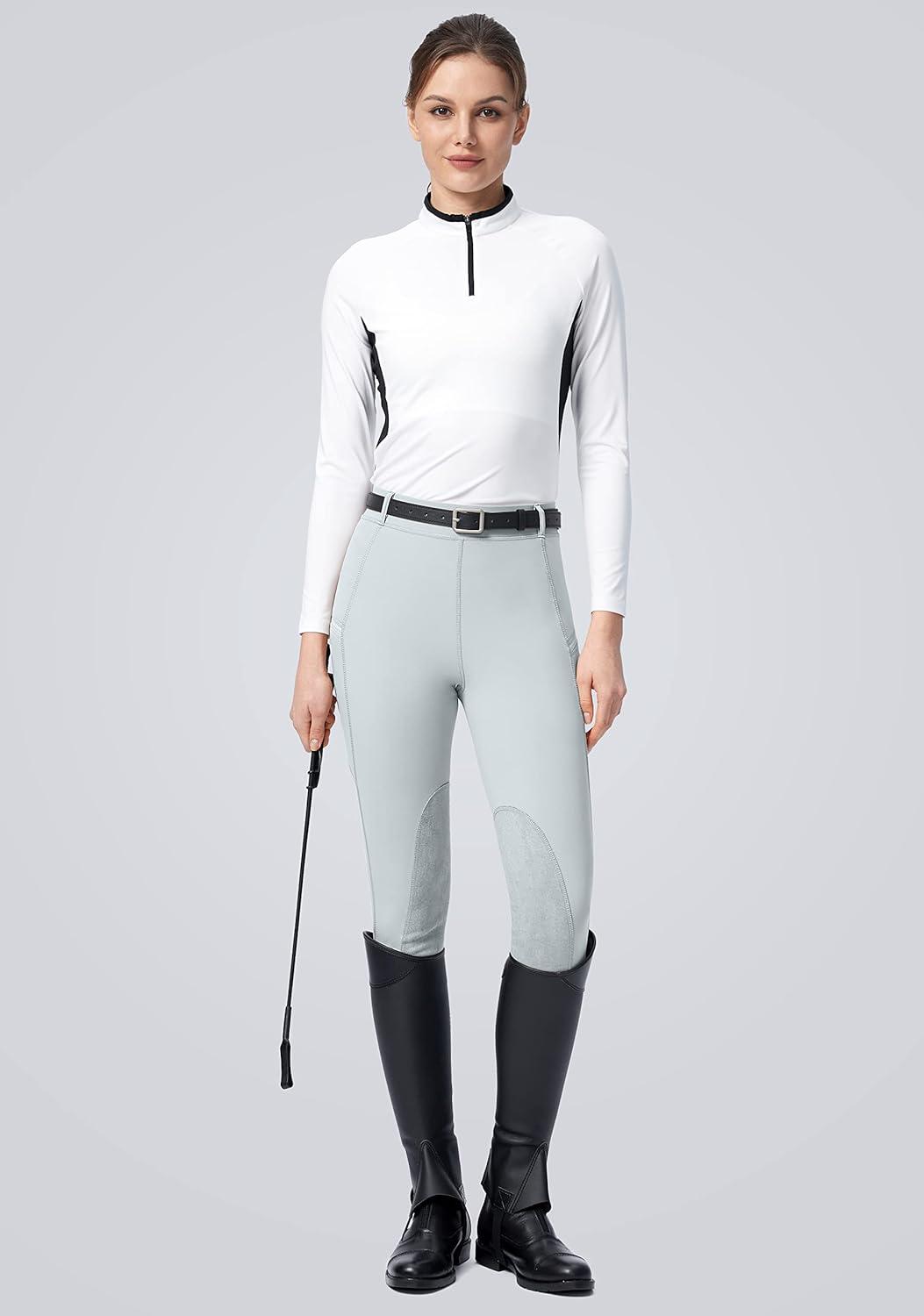 imageSANTINY Womens Horse Riding Pants with Zipper Pockets KneePatch Schooling Tights Equestrian Breeches for WomenLight Grey