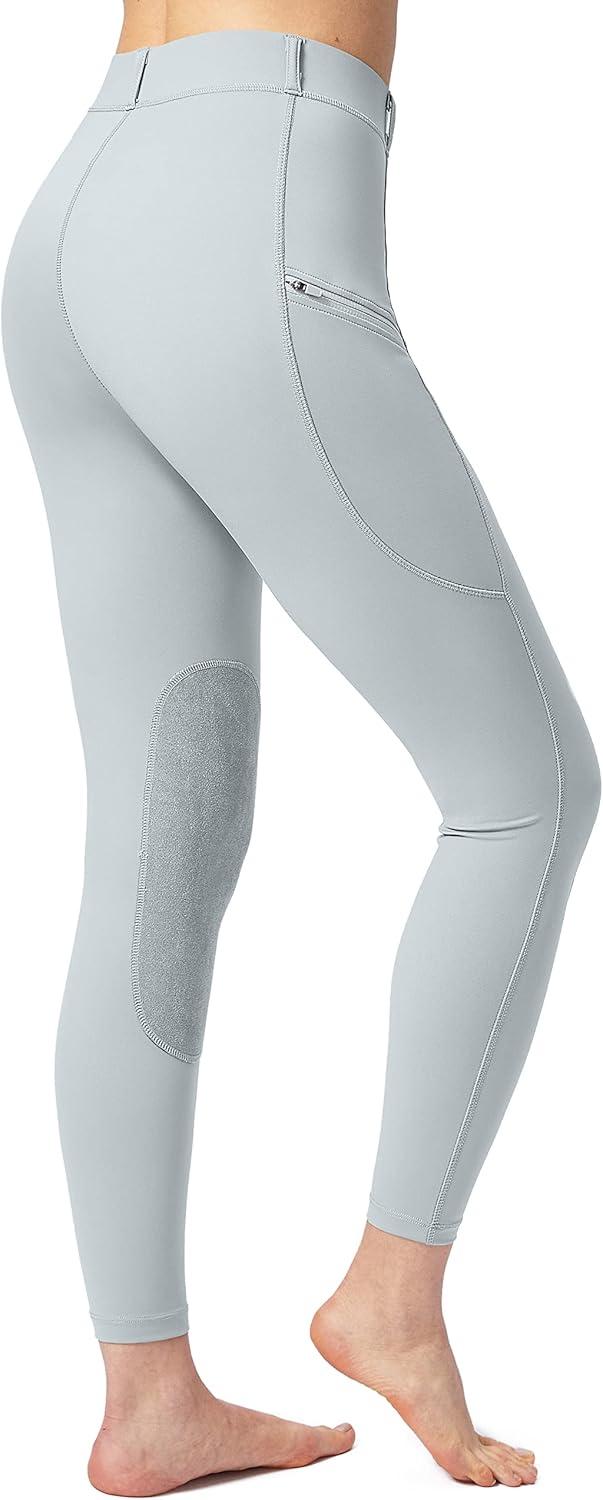 imageSANTINY Womens Horse Riding Pants with Zipper Pockets KneePatch Schooling Tights Equestrian Breeches for WomenLight Grey