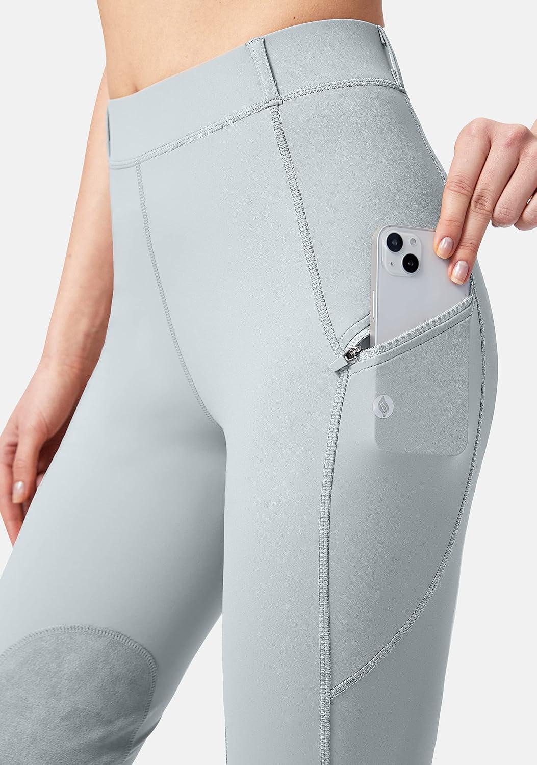 imageSANTINY Womens Horse Riding Pants with Zipper Pockets KneePatch Schooling Tights Equestrian Breeches for WomenLight Grey