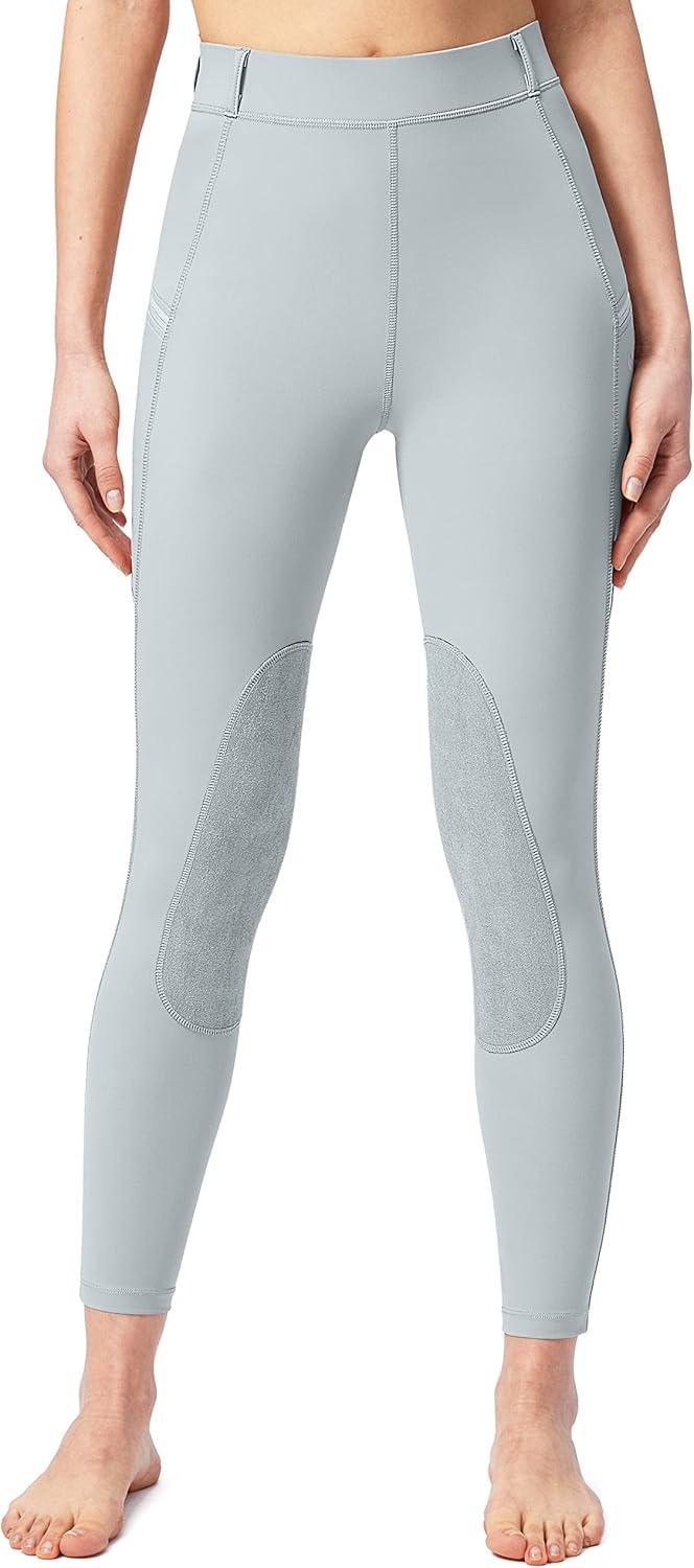 imageSANTINY Womens Horse Riding Pants with Zipper Pockets KneePatch Schooling Tights Equestrian Breeches for WomenLight Grey