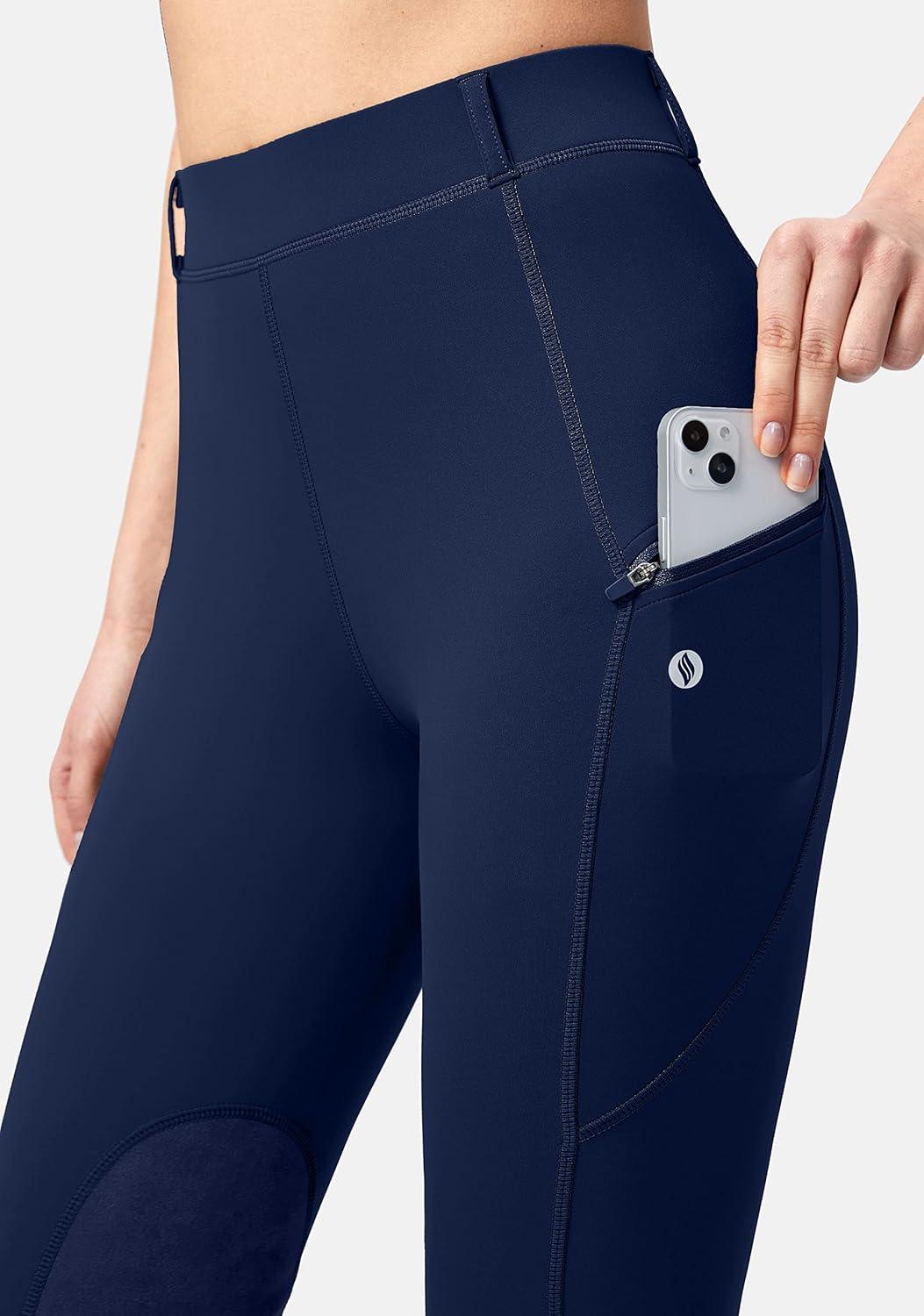 imageSANTINY Womens Horse Riding Pants with Zipper Pockets KneePatch Schooling Tights Equestrian Breeches for WomenNavy