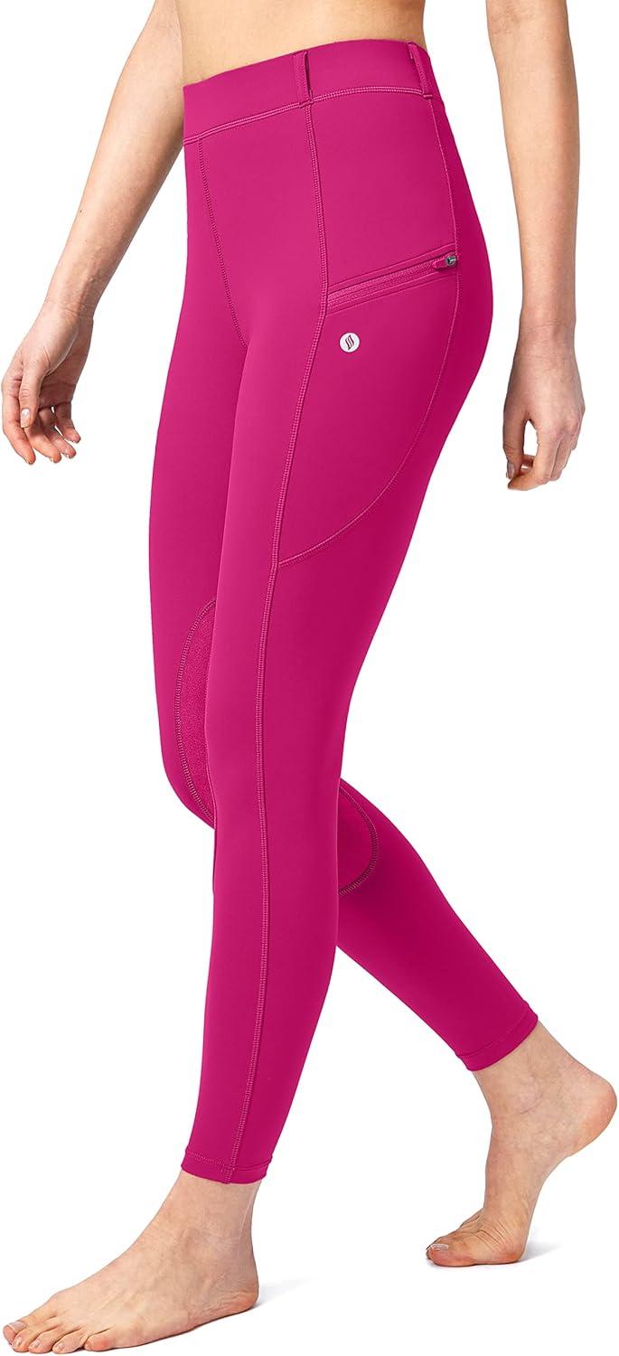 imageSANTINY Womens Horse Riding Pants with Zipper Pockets KneePatch Schooling Tights Equestrian Breeches for WomenRose