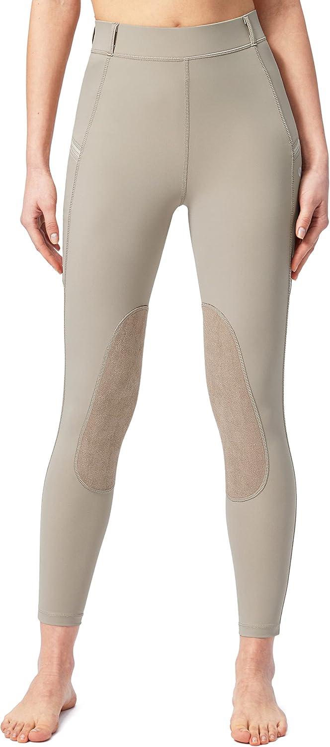 imageSANTINY Womens Horse Riding Pants with Zipper Pockets KneePatch Schooling Tights Equestrian Breeches for WomenTaupe