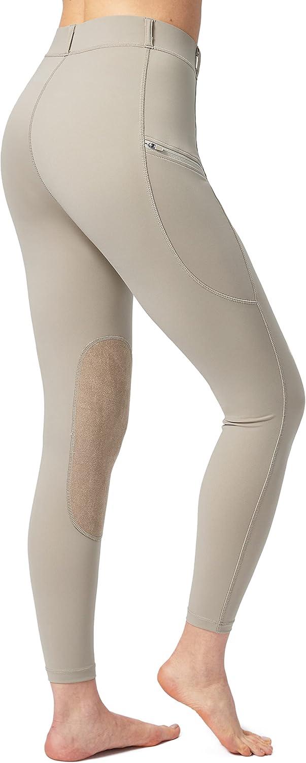 imageSANTINY Womens Horse Riding Pants with Zipper Pockets KneePatch Schooling Tights Equestrian Breeches for WomenTaupe